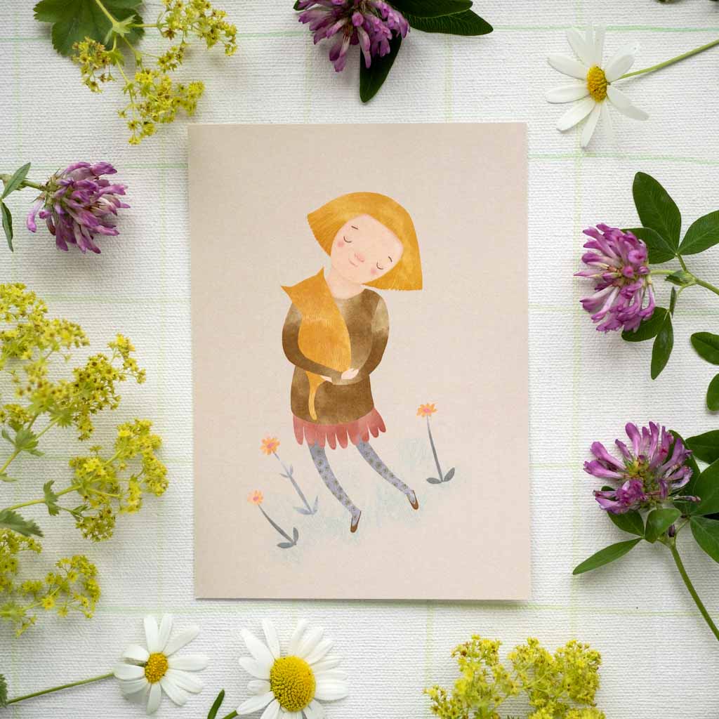 Tyttö ja kissa | Postikortti